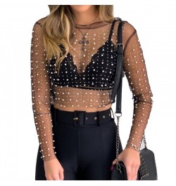 Womens Long Sleeve Sheer Mesh Crop Top Shiny Pearls Rhinestone O-Neck Pullover Shirt Blouse Slim Cover Up Party Clubwear $36....