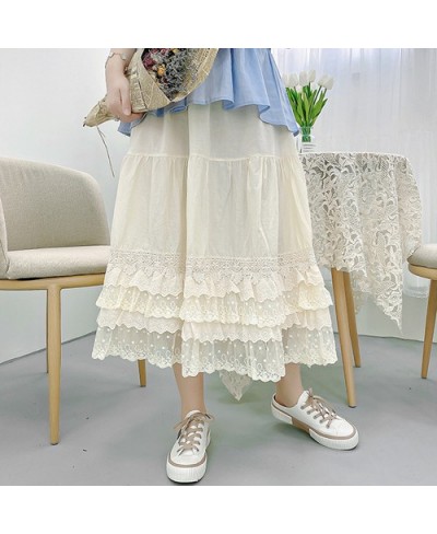 Mori Girl Pure Cotton Multi-layer Medieval Lace Skirt Woman Summer Elastic Waist Skirt Lolita Underskirt Casual Midi Skirt Sa...