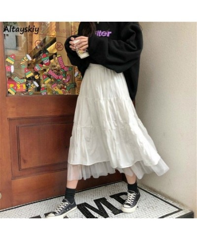 Long Skirts Women Mesh Lovely Elegant Teens Ulzzang Chic Ruched Club Romantic High Waist Elastic Korean Style College Student...