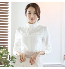 The new spring blouse women stand collar long sleeve white shirts women's Slim wood ear shirt OL occupation plus size blusas ...