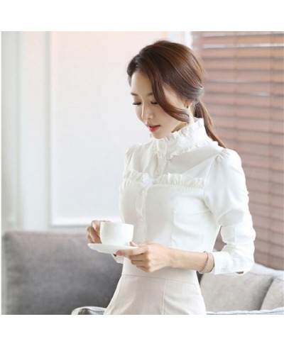 The new spring blouse women stand collar long sleeve white shirts women's Slim wood ear shirt OL occupation plus size blusas ...