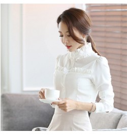 The new spring blouse women stand collar long sleeve white shirts women's Slim wood ear shirt OL occupation plus size blusas ...