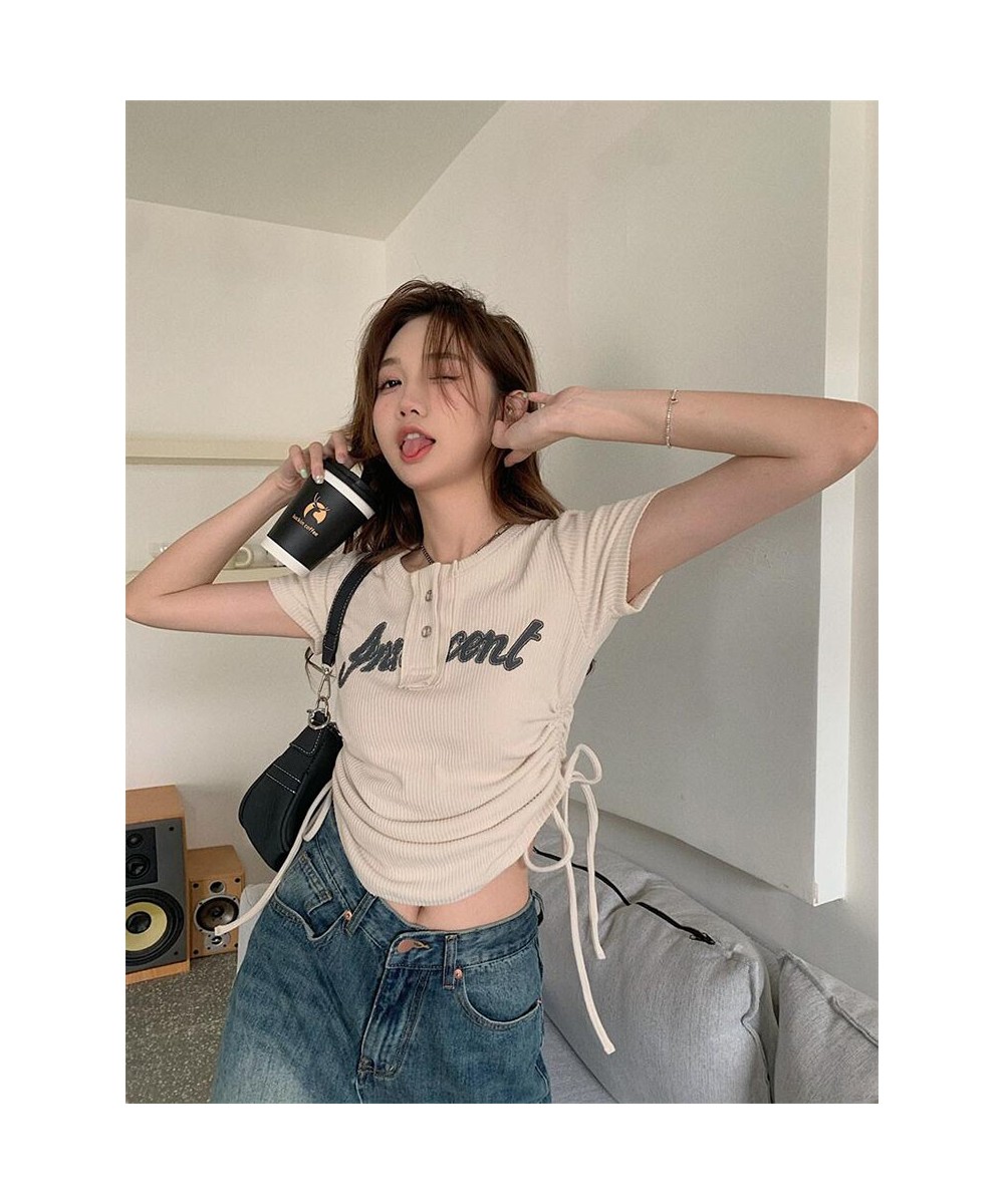 Women T-Shirts Y2k Tops Drawstring Summer Sexy Graphic Knitting Harajuku Korean Fashion Letter Short Sleeve Aesthetic Clothin...