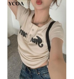 Women T-Shirts Y2k Tops Drawstring Summer Sexy Graphic Knitting Harajuku Korean Fashion Letter Short Sleeve Aesthetic Clothin...