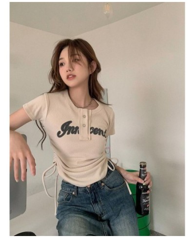 Women T-Shirts Y2k Tops Drawstring Summer Sexy Graphic Knitting Harajuku Korean Fashion Letter Short Sleeve Aesthetic Clothin...