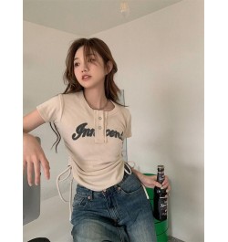 Women T-Shirts Y2k Tops Drawstring Summer Sexy Graphic Knitting Harajuku Korean Fashion Letter Short Sleeve Aesthetic Clothin...