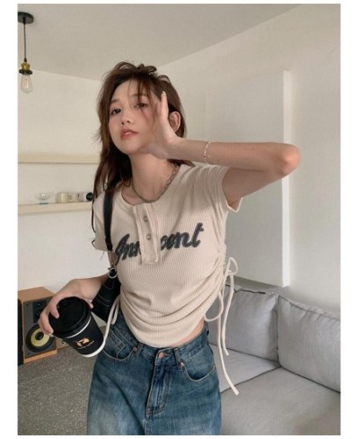 Women T-Shirts Y2k Tops Drawstring Summer Sexy Graphic Knitting Harajuku Korean Fashion Letter Short Sleeve Aesthetic Clothin...