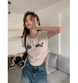 Women T-Shirts Y2k Tops Drawstring Summer Sexy Graphic Knitting Harajuku Korean Fashion Letter Short Sleeve Aesthetic Clothin...