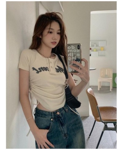 Women T-Shirts Y2k Tops Drawstring Summer Sexy Graphic Knitting Harajuku Korean Fashion Letter Short Sleeve Aesthetic Clothin...