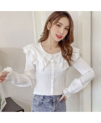 2023 Spring Autumn Women Korean Solid Color Peter Pan Collar Flare Sleeve Shirt Femme Causal Blusas Mujer De Moda Blouse N18 ...