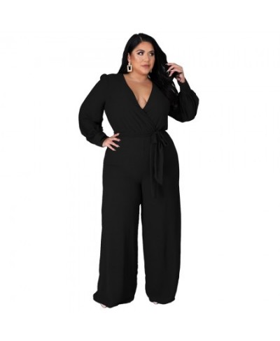 FS 2022 Sexy Fashion Long Sleeve Women's Plus Size Clothing 4XL Deep V Loose Jumpsuit For Women With Belt Straight Solid Colo...