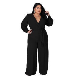 FS 2022 Sexy Fashion Long Sleeve Women's Plus Size Clothing 4XL Deep V Loose Jumpsuit For Women With Belt Straight Solid Colo...