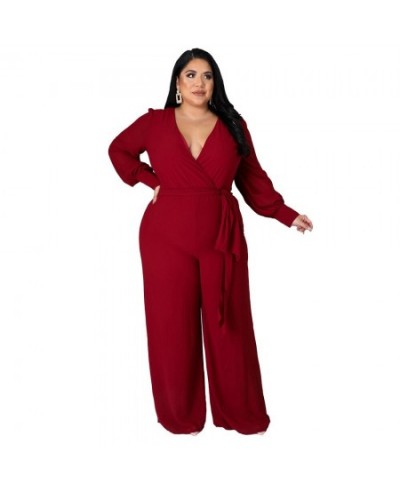 FS 2022 Sexy Fashion Long Sleeve Women's Plus Size Clothing 4XL Deep V Loose Jumpsuit For Women With Belt Straight Solid Colo...