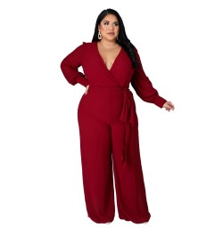 FS 2022 Sexy Fashion Long Sleeve Women's Plus Size Clothing 4XL Deep V Loose Jumpsuit For Women With Belt Straight Solid Colo...