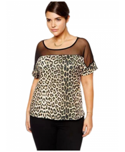 Plus Size Elegant Summer Spring Short Sleeve Leopard Print T-shirt Women Casual Mesh Patchwork Loose Tops Large Size 6XL 7XL ...