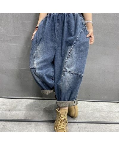 2023 Spring Autumn New Arts Style Women Elastic Waist Cotton Denim Harem Pants All-matched Casual Vintage Blue Loose Jeans C7...