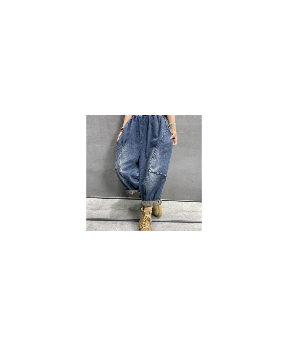 2023 Spring Autumn New Arts Style Women Elastic Waist Cotton Denim Harem Pants All-matched Casual Vintage Blue Loose Jeans C7...