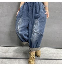 2023 Spring Autumn New Arts Style Women Elastic Waist Cotton Denim Harem Pants All-matched Casual Vintage Blue Loose Jeans C7...