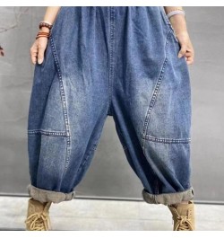 2023 Spring Autumn New Arts Style Women Elastic Waist Cotton Denim Harem Pants All-matched Casual Vintage Blue Loose Jeans C7...