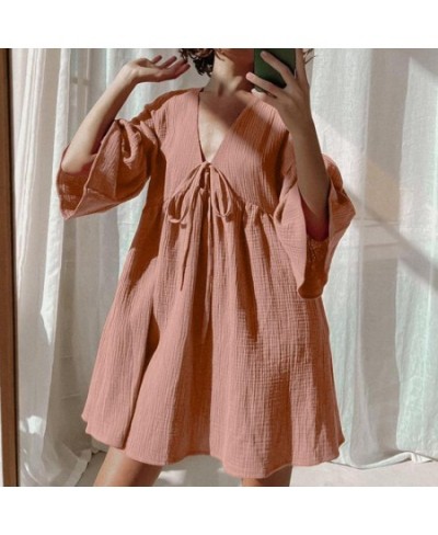 2023 Summer Women Casual Loose Nightwear Dress Cotton Peplum Half Sleeve V Neck Lace-Up Pajamas Sleep Robe Loungewear Outerwe...