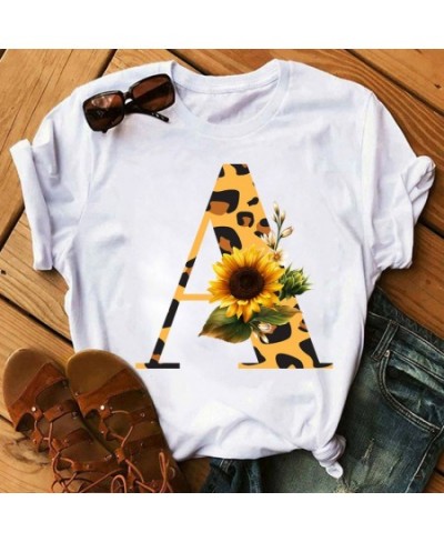 Leopard Sunflower Print T Shirt Women Fashion T Shirt Custom Name Letter Combination Font A B C D E Ladies Short Sleeve Tops ...