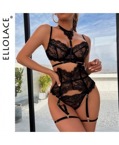 Underwear Sexy Lingerie 3-Pieces Transparent Bra Lace Suit Sexy Garter Belt With Stockings Woman Erotic Intimate $28.04 - Und...