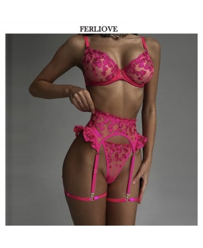 Sexy Love Lace Set Women 3-piece Embroidered Transparent Bra+garters+thong Exotic Costumes Set $30.51 - Underwear