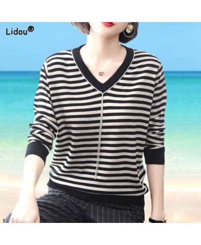 Autumn Winter Thin V-neck Striped Loose Comfortable Splicing Chain Sweaters Pullovers Casual Simplicity Women's Clothing 2022...