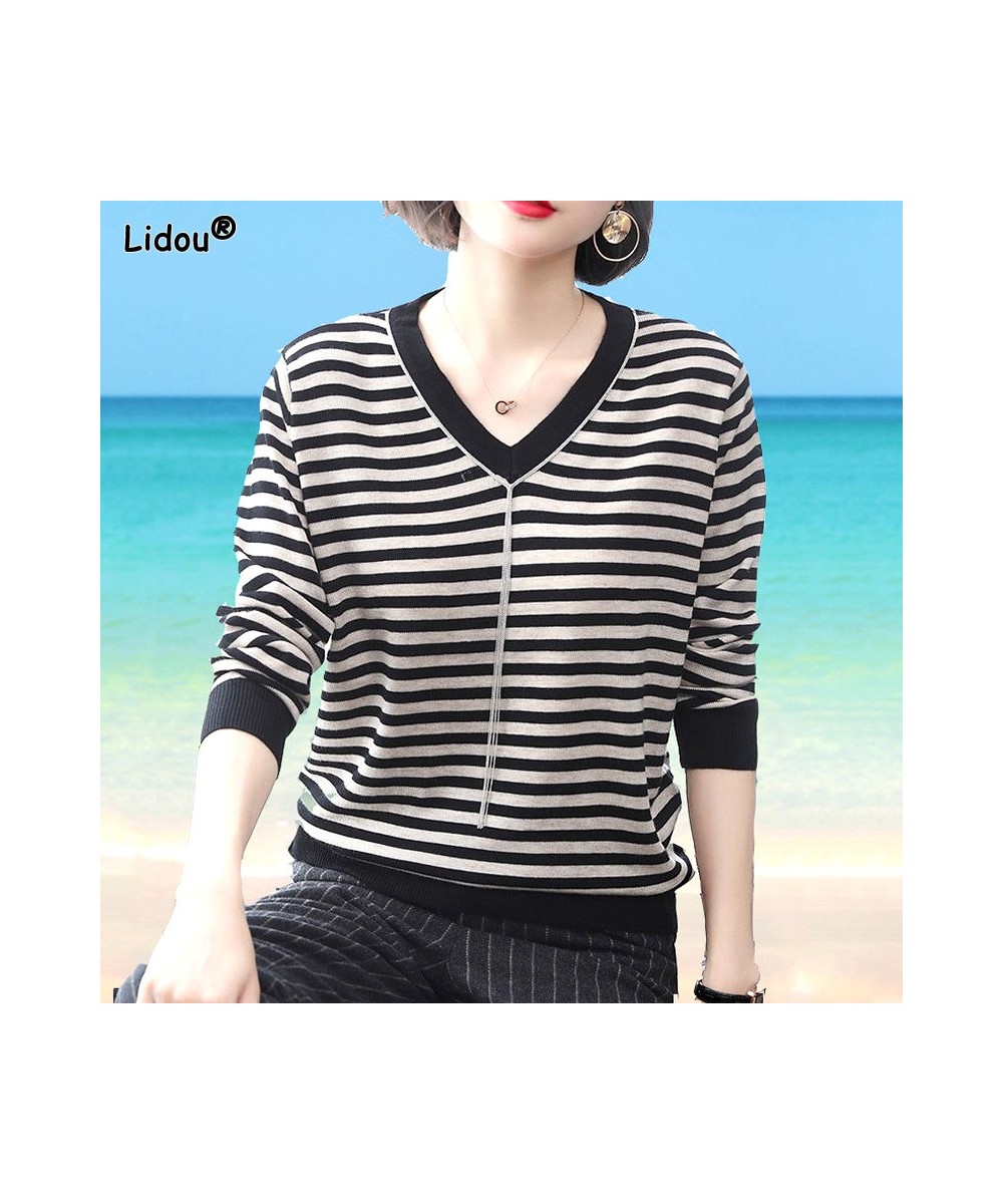 Autumn Winter Thin V-neck Striped Loose Comfortable Splicing Chain Sweaters Pullovers Casual Simplicity Women's Clothing 2022...