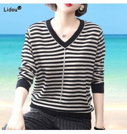 Autumn Winter Thin V-neck Striped Loose Comfortable Splicing Chain Sweaters Pullovers Casual Simplicity Women's Clothing 2022...