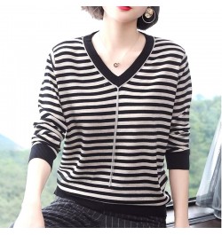 Autumn Winter Thin V-neck Striped Loose Comfortable Splicing Chain Sweaters Pullovers Casual Simplicity Women's Clothing 2022...