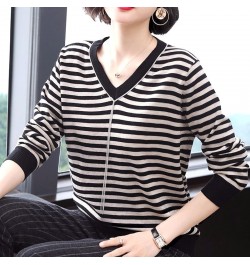 Autumn Winter Thin V-neck Striped Loose Comfortable Splicing Chain Sweaters Pullovers Casual Simplicity Women's Clothing 2022...