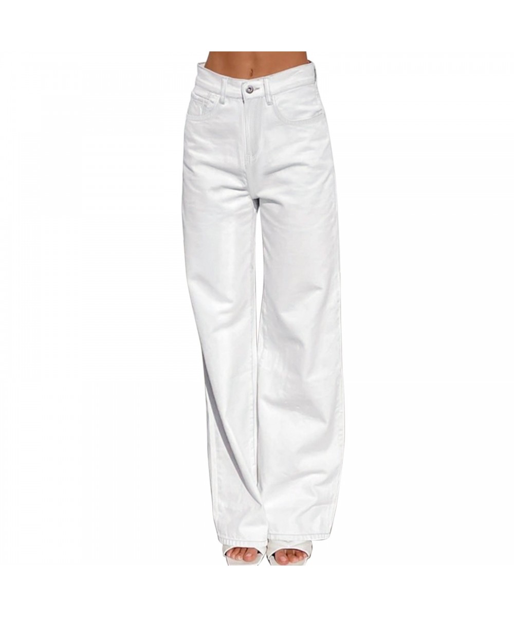 Womens White Casual Jeans Pocket High Waist Zip Baggy Jeans Wide Leg Loose Denim Pants Female Oversize Trousers $43.14 - Jeans