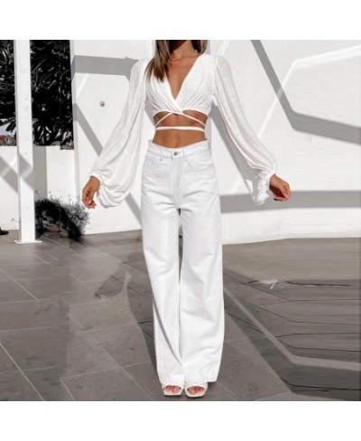 Womens White Casual Jeans Pocket High Waist Zip Baggy Jeans Wide Leg Loose Denim Pants Female Oversize Trousers $43.14 - Jeans