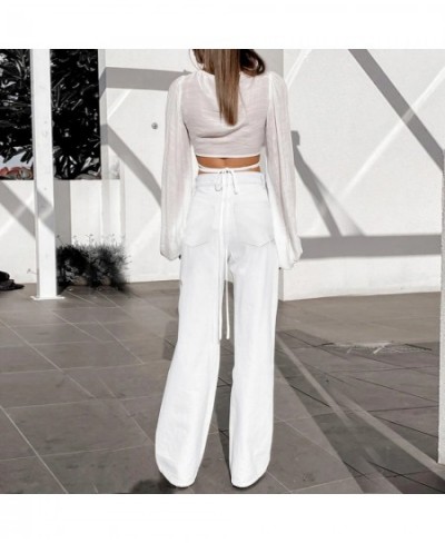 Womens White Casual Jeans Pocket High Waist Zip Baggy Jeans Wide Leg Loose Denim Pants Female Oversize Trousers $43.14 - Jeans