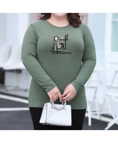 Spring Autumn Simplicity Pattern Print Armygreen Pullover Tops Casual Plus Size Women Clothing O-Neck Loose Long Sleeve T-Shi...