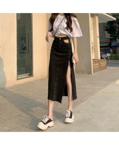 Retro High Waist Bag Hip Denim Skirt Woman Fashion Loose Sexy Side Slit Open Legs Cat Mustache Pleated Slim A-Line Denim Skir...