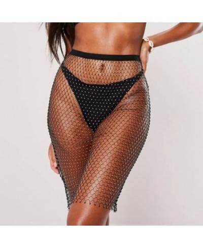 Shiny Sexy Rhinestone Sequin Fishnet Mini Skirt Festival Beach Elastic See Through Diamond Mesh High Elastic Skirt for Women ...