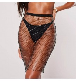 Shiny Sexy Rhinestone Sequin Fishnet Mini Skirt Festival Beach Elastic See Through Diamond Mesh High Elastic Skirt for Women ...