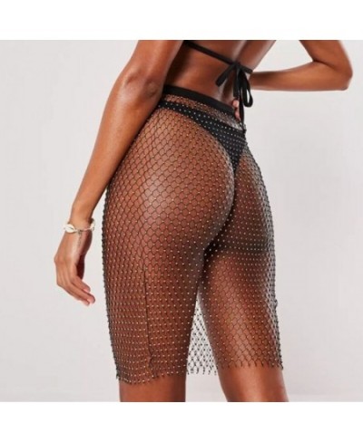 Shiny Sexy Rhinestone Sequin Fishnet Mini Skirt Festival Beach Elastic See Through Diamond Mesh High Elastic Skirt for Women ...