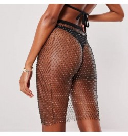 Shiny Sexy Rhinestone Sequin Fishnet Mini Skirt Festival Beach Elastic See Through Diamond Mesh High Elastic Skirt for Women ...