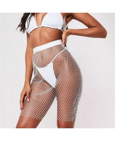 Shiny Sexy Rhinestone Sequin Fishnet Mini Skirt Festival Beach Elastic See Through Diamond Mesh High Elastic Skirt for Women ...