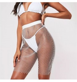 Shiny Sexy Rhinestone Sequin Fishnet Mini Skirt Festival Beach Elastic See Through Diamond Mesh High Elastic Skirt for Women ...