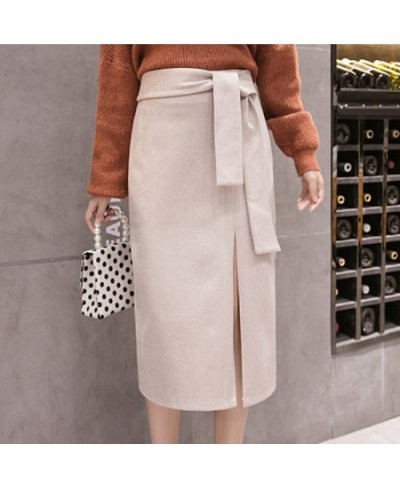Tie Waist Wrap Skirt Women High Slit Pencil Midi Skirts Elegant Ladies Business Chic Outfit * $37.81 - Skirts