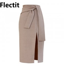 Tie Waist Wrap Skirt Women High Slit Pencil Midi Skirts Elegant Ladies Business Chic Outfit * $37.81 - Skirts