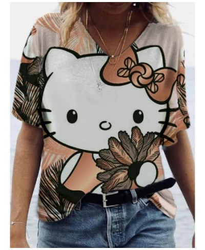 The latest discount top Hello Kitty printed cute girl pink V-neck top 3D printed Kitty fashion casual women's loose T-shirt $...