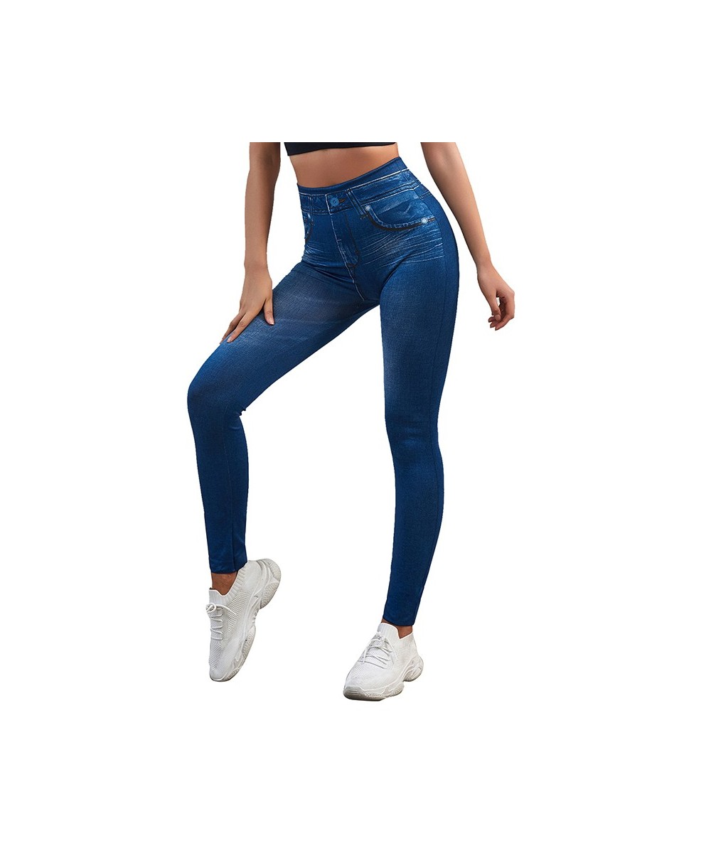 High Waist Leggings Faux Denim Jeans Sexy Elastic Jeggings Soft Casual Thin Pencil Pants Stretch Well Fitness Fake Pockets $2...