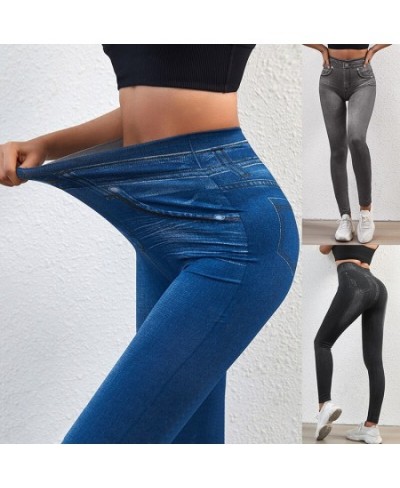 High Waist Leggings Faux Denim Jeans Sexy Elastic Jeggings Soft Casual Thin Pencil Pants Stretch Well Fitness Fake Pockets $2...