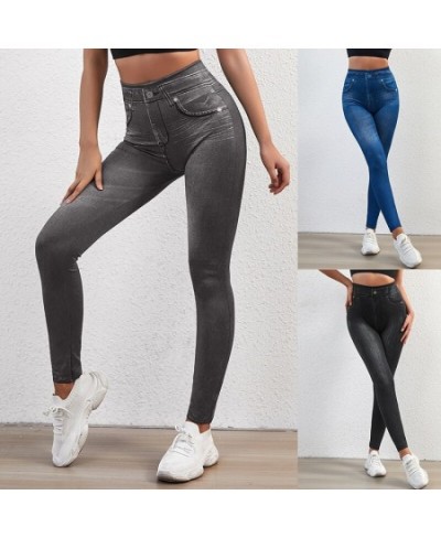 High Waist Leggings Faux Denim Jeans Sexy Elastic Jeggings Soft Casual Thin Pencil Pants Stretch Well Fitness Fake Pockets $2...