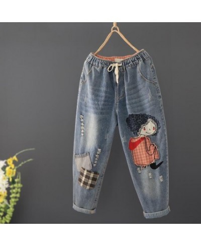 Spring New Korea Fashion Patch Designs Cartoon Embroidery Loose Women Jeans Elastic Waist Casual Cotton Denim Harem Pants V98...